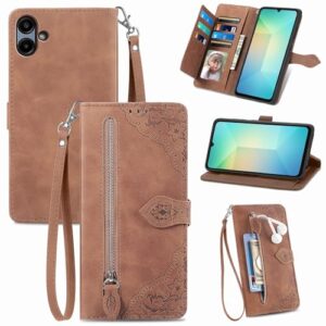 Furiet Capa carteira para Samsung Galaxy A06 5G com cordão de pulso, estampa de flor, bolso de couro, flip para cartão, suporte, acessórios para celular, capa para celular Ao6 A 06 4G LTE marrom