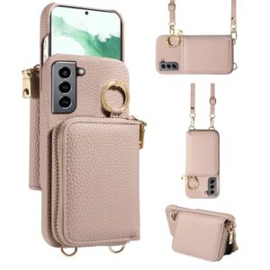 Furiet Capa carteira para Samsung Galaxy S22 Plus S22+ 5G com alça de ombro e fivela de anel, bolsa de órgão flip com zíper, suporte para cartão de crédito, capa de telefone de corpo inteiro para S22+
