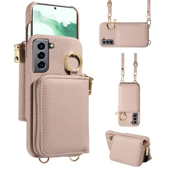 Furiet Capa carteira para Samsung Galaxy S22 Plus S22+ 5G com alça de ombro e fivela de anel, bolsa de órgão flip com zíper, suporte para cartão de crédito, capa de telefone de corpo inteiro para S22+