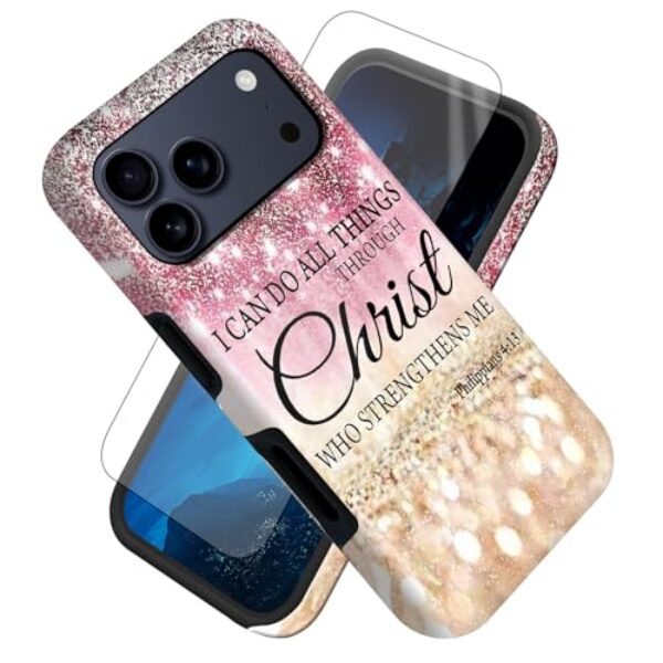 FUYOCWE Capa para iPhone 17 Pro Max, capa I Can do All Things Through Christ com estampa lateral, protetor de tela + capa híbrida fina de camada dupla macia interna e rígida para iPhone 17 Pro Max de