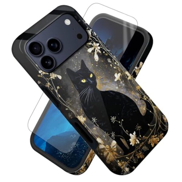 FUYOCWE Capa para iPhone 17 Pro Max, gato preto com capa floral dourada com estampa lateral, protetor de tela + capa híbrida fina de camada dupla macia interna e rígida para iPhone 17 Pro Max de 6,9