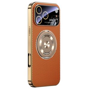 FWYANZH Capa magnética para iPhone 17 Pro Max/17 Pro/17, capa de telefone com proteção total de lentes, suporte de anel de fibra de carbono, textura fina, revestimento de borda, laranja, 17