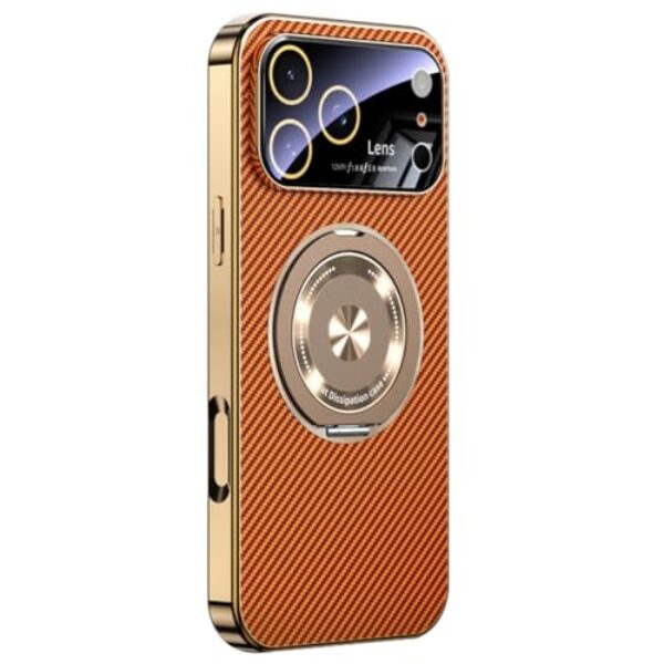 FWYANZH Capa magnética para iPhone 17 Pro Max/17 Pro/17, capa de telefone com proteção total de lentes, suporte de anel de fibra de carbono, textura fina, revestimento de borda, laranja, 17