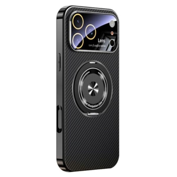 FWYANZH Capa magnética para iPhone 17 Pro Max/17 Pro/17, capa de telefone com proteção total de lentes, suporte de anel de fibra de carbono, textura fina, revestimento de borda, preta, 17 Pro Max