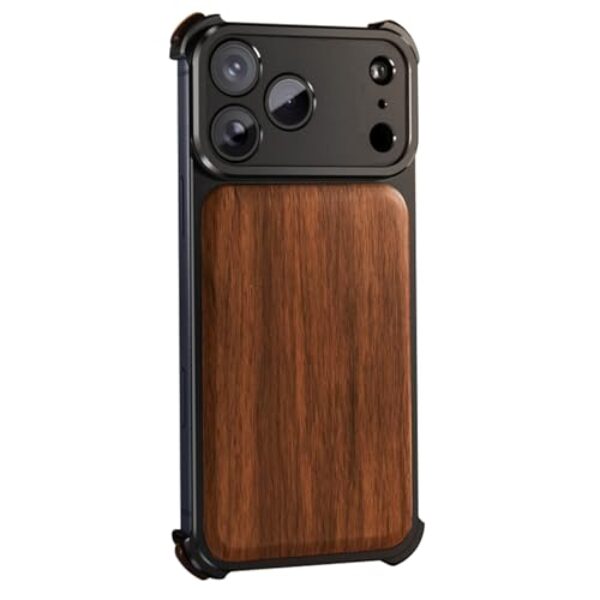 FWYANZH Capa magnética para iPhone 17 Pro Max/17 Pro, capa de metal de madeira sem bordas, proteção total para lentes à prova de choque, amortecedores de canto reforçados, preta, 17 Pro