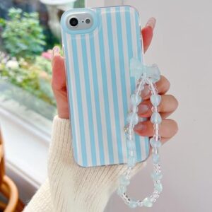 Fxlzcw Linda capa de telefone listrada para iPhone 16e com corrente de contas, capa protetora estética macia e fina TPU à prova de choque para meninas e mulheres (azul)