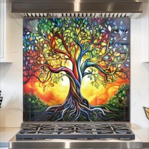 fzxwyishu Árvore da vida, fundo de vidro temperado para cozinha atrás do fogão, capa de pia de cozinha fácil de limpar, proteção contra respingos, decoração de cozinha doméstica (cor 76,2 x 76,2 cm)