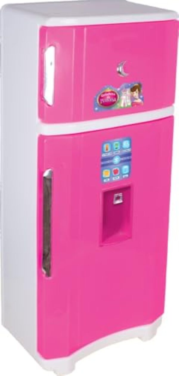 Geladeira Infantil Duplex Princesas, Brinquedo de Cozinha, Rosa e Branco, 64 x 28 x 18 cm, com Acessórios, Porta Duplex com Dispenser
