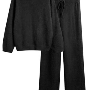 GKBK Conjunto feminino de 2 peças de pijama de lã felpuda manga comprida combinando lounge 2025 outono inverno moderno, Preto, M