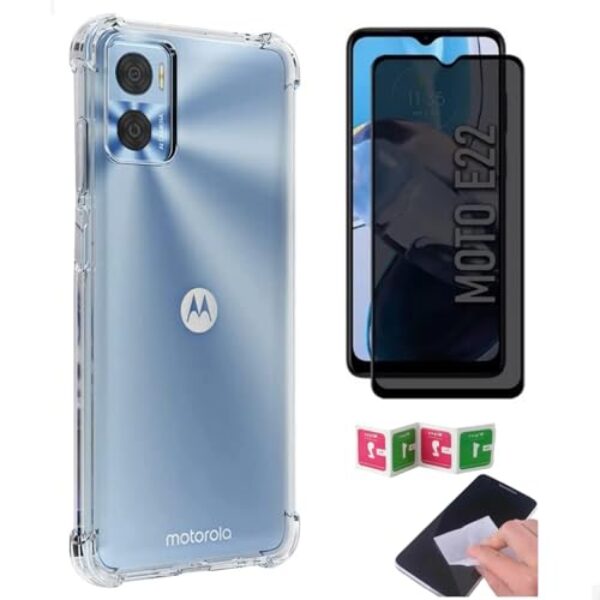 [GL CASES] Kit Capa Moto E22 Case Capinha Motorola Moto E22 Anti Impacto Reforçada Silicone Transparente Flexível Proteção De Câmera + Pelicula Privacidade Vidro Anti Spy Espião