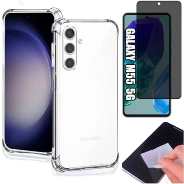 [GL CASES] Kit Capa Samsung Galaxy M55 Case Capinha Anti Impacto Reforçada Silicone Transparente Flexível Proteção De Câmera + Pelicula Samsung Galaxy M55 De Privacidade Vidro Anti Spy Espião