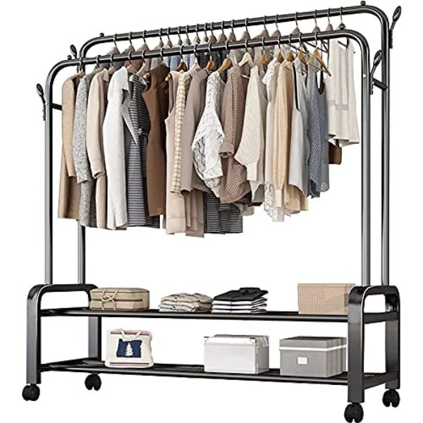 GNHGDFFDF Suporte de roupas resistente sobre rodas, trilho de roupas industriais com prateleira e haste de suspensão dupla, para camarim de quarto/branco/120 x 58 x 154 cm