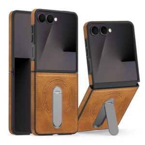 GO-VOLMON Capa para Samsung Galaxy Z Flip 7 com suporte de couro PU, capa com suporte dobrável oculto para Galaxy Z Flip 7, suporta carregamento sem fio, à prova de choque, capa de celular, marrom