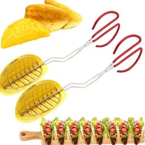 GOVNPJ Pinça de taco para fritar, 2 pinças de aço inoxidável + 1 suporte de madeira para tacos crocantes perfeitos