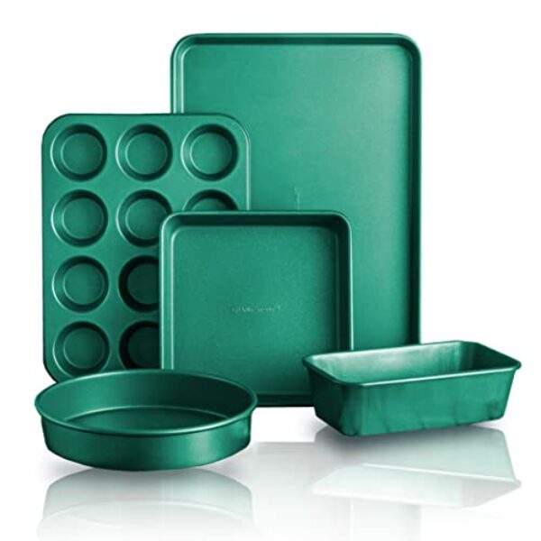 Granitestone Conjunto de assadeiras antiaderentes verdes, conjunto de 5 peças de assadeiras sem deformação, conjunto de assadeira inclui assadeira de aquecimento uniforme para forno, forma de muffin, forma de pão, assadeira e bandeja de cozimento redonda, pode ser lavada na lava-louças