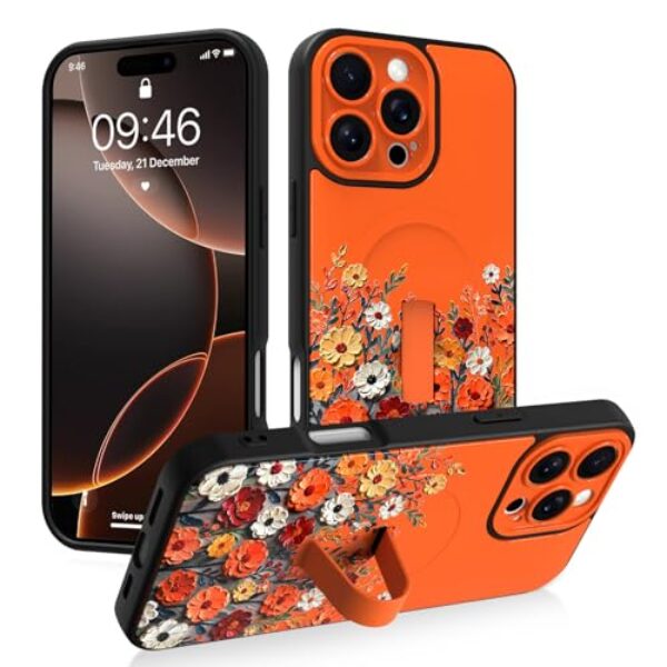 Gukalong Capa de telefone magnética para iPhone 16 Pro de 6,3 polegadas (compatível com MagSafe) capa de telefone com flores florais laranja com suporte de alça à prova de choque capa protetora