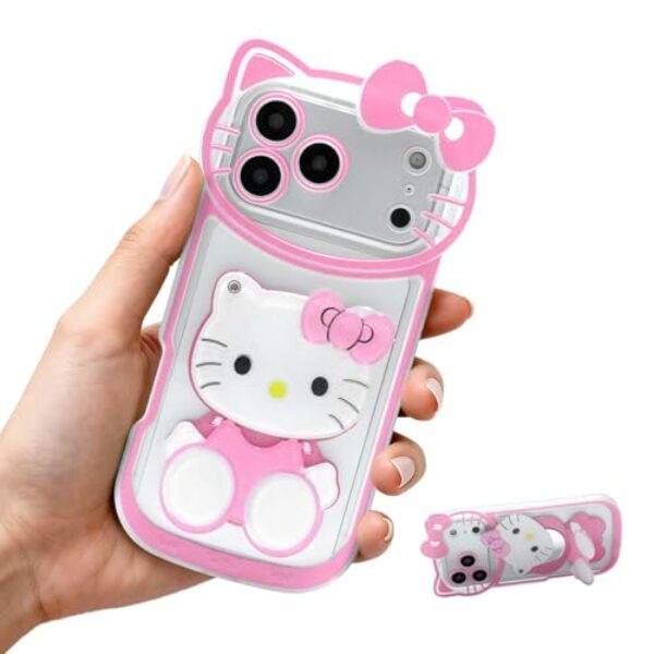 GYHZKA Capa de desenho animado para iPhone 16 Plus de 6,7 polegadas, suporte de telefone de gato fofo com espelho de maquiagem, capas de telefone Kawaii, capa protetora divertida e exclusiva para