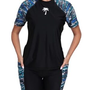 Halcurt Camiseta feminina Rash Guard de duas peças com sutiã embutido e shorts com bolsos, Pontos pretos, verdes, azuis, GG