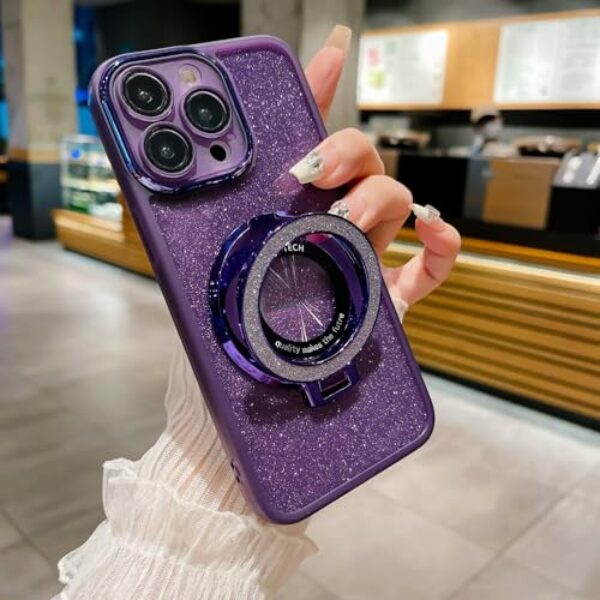 HAONANDE Capa com glitter magnético para Motorola Moto G14, luxuosa capa de telefone transparente com suporte brilhante e brilhante para mulheres e meninas, capa transparente com protetor de câmera