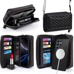 Harryshell Capa carteira compatível com Samsung Galaxy S24 Ultra, com vários zíperes, removível, com compartimentos para cartões, alça transversal espelhada (compatível com Magsafe - Preto)