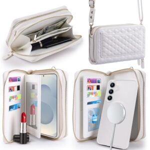 Harryshell Capa carteira compatível com Samsung Galaxy S25+ Plus, com vários zíperes, removível, com compartimentos para cartões, alça transversal espelhada (compatível com Magsafe - branca)