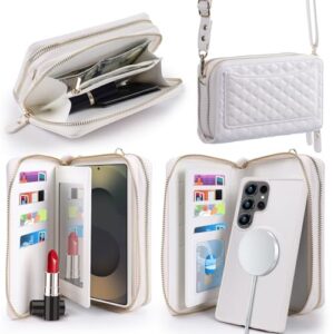 Harryshell Capa carteira compatível com Samsung Galaxy S25 Ultra, com vários zíperes, removível, com compartimentos para cartões, alça transversal espelhada (compatível com Magsafe - branca)