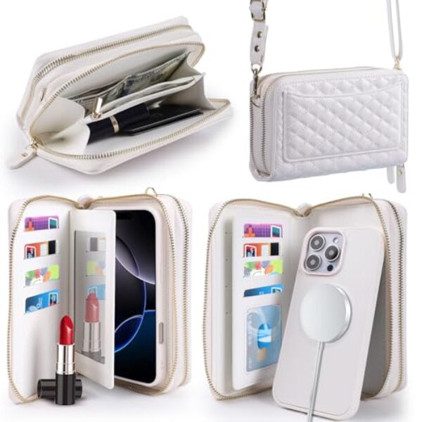 Harryshell Compatível com iPhone 14 Pro Max 17.0 cm 2022 capa carteira com vários zíper destacável capa magnética bolsa com compartimentos para cartão espelho alça transversal (compatível com Magsafe