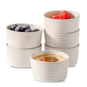 Hasense Conjunto de 6 tigelas de cerâmica para ramekins de 118 ml, mini assadeiras para pudim de suflê, molho de servir, creme, sorvete, branco com infusão de argila