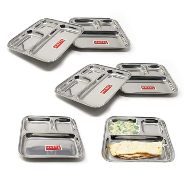 HAZEL Pav Bhaji Pratos para restaurante | Placa de compartimento de aço inoxidável | 3 em 1 placa de bagunça de aço (P, pequeno, conjunto de 6)