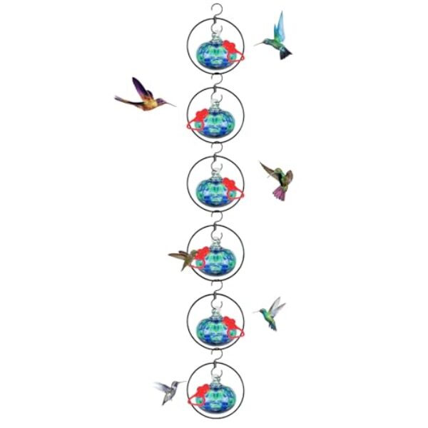 Headak Life Pacote com 6 alimentadores circulares de beija-flor para pendurar ao ar livre, alimentador de beija-flor de vidro soprado à mão com 4 poleiros de silicone ajustáveis, nunca vazam