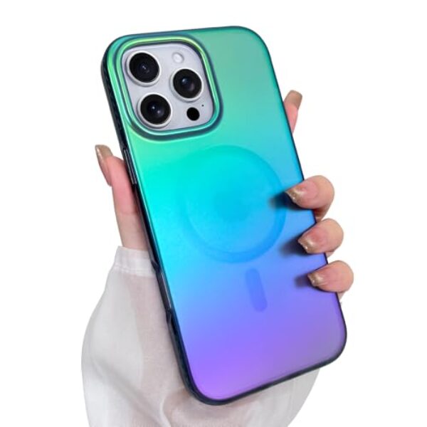 Heaofei Capa estética para iPhone 16 Pro Max para mulheres e meninas [compatível com Magsafe] Capa protetora magnética fofa feminina moderna com glitter brilhante arco-íris magnético, fosco