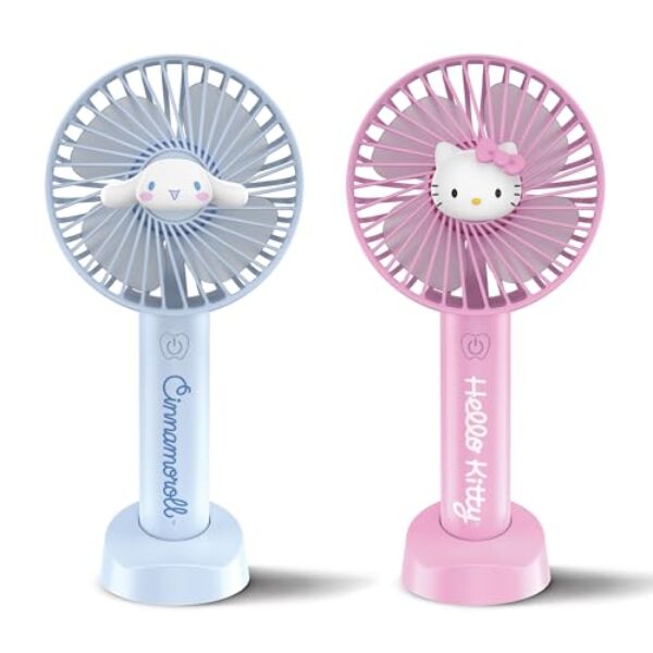 Hello Kitty Pacote com 2 ventoinhas portáteis com suporte de mesa – configurações de várias velocidades, bateria recarregável, design portátil e compacto – ideal para uso doméstico, escritório e ao ar