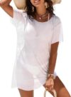 Herseas Saída de banho para mulheres, vestido de verão, saída de banho, manga curta, férias na praia, vestidos de verão, Branco, P