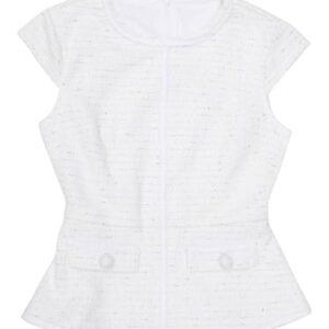 Hobemty Blusa feminina elegante de tweed com gola redonda, manga cavada, negócios, escritório, peplum, Bege, P