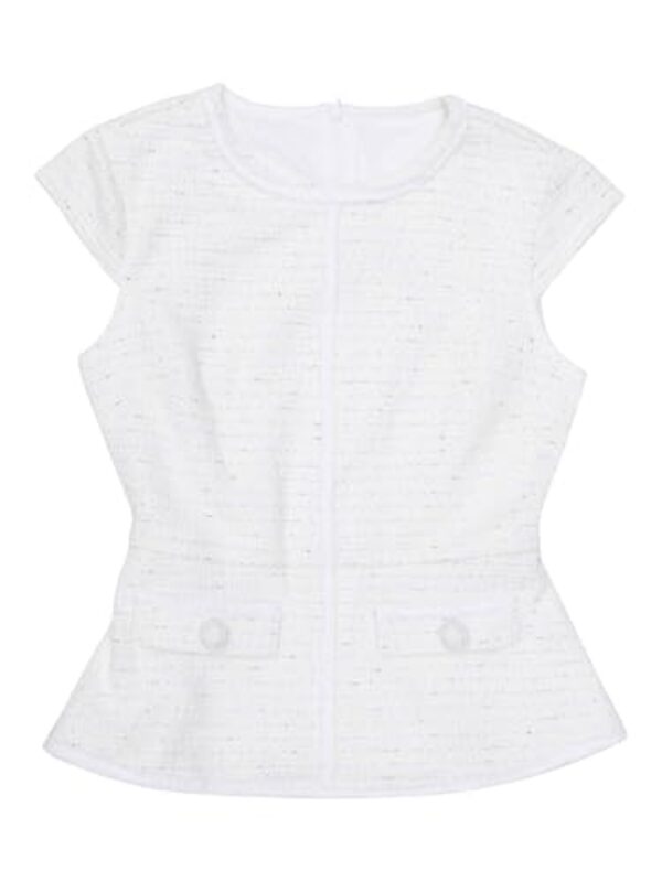 Hobemty Blusa feminina elegante de tweed com gola redonda, manga cavada, negócios, escritório, peplum, Bege, P