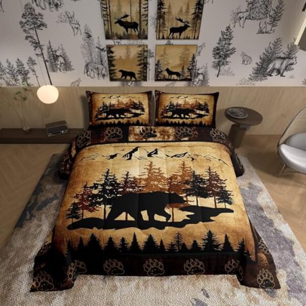 Homewish Conjunto de cama de cabana com desenho animado de pinheiros, urso selvagem, montanha, para crianças, adolescentes e adultos, retrô com estampa de pata de animal, conjunto de edredom com 2