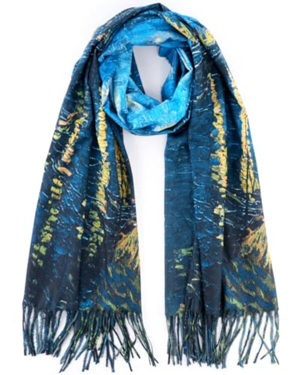 HONGTEYA Cachecol feminino de caxemira macio para mulheres, quente, para o inverno, grande, xale com estampa artística Monet Van Gogh, Azul escuro, Tamanho Único