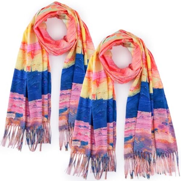 HONGTEYA Cachecol feminino de caxemira macio para mulheres, quente, para o inverno, grande, xale com estampa artística Monet Van Gogh, Pacote com 2, laranja, 27.55" W x 78.74"L