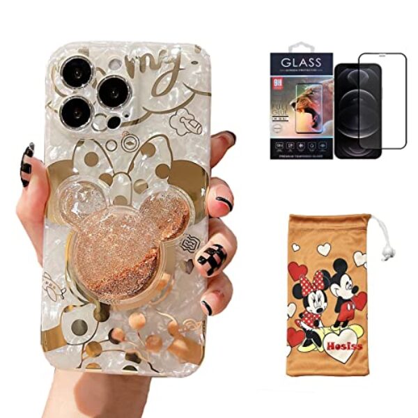 Hosiss Capa de desenho animado para iPhone 16 Pro Max de 6,7 polegadas com protetor de tela HD, com alça para celular de areia movediça TPU macio à prova de choque para meninas e mulheres Minnie