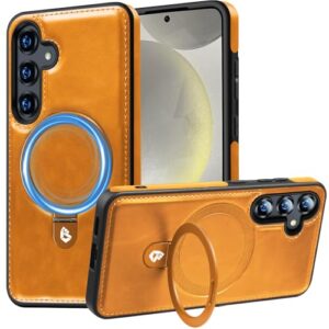 Hovisi Capa World First para Galaxy S24 com MagicStand, [suporte invisível] Capa protetora fina de couro PU e borracha à prova de choque com anel magnético para Samsung Galaxy S24 marrom