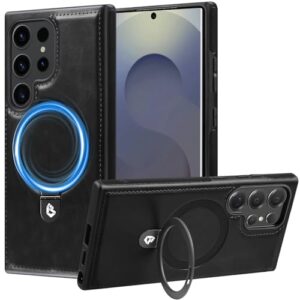 Hovisi Capa World First para Galaxy S25 Ultra com MagicStand, [suporte invisível] Capa protetora fina de couro PU e borracha à prova de choque com anel magnético para Samsung Galaxy S25 Ultra preta