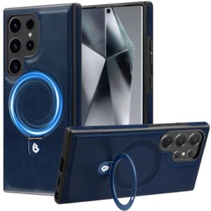 Hovisi Primeira capa mundial para Galaxy S24 Ultra com MagicStand, [suporte invisível] Capa protetora fina de couro PU e borracha à prova de choque com anel magnético para Samsung Galaxy S24 Ultra