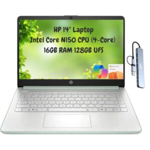 HP Laptop estudantil portátil 14 fino 2025, HD de 14 polegadas, Intel N150 de 4 núcleos, 16 GB de RAM, 256 GB de armazenamento (128 GB UFS + 128 GB microSD), 1 ano de escritório 365, Wi-Fi 6, HDMI