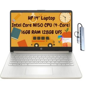 HP Laptop estudantil portátil 14 fino 2025, HD de 14 polegadas, Intel N150 de 4 núcleos, 16 GB de RAM, armazenamento de 256 GB (128 GB UFS + 128 GB microSD), 1 ano de escritório 365, Wi-Fi 6, HDMI