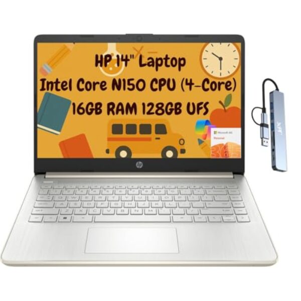HP Laptop estudantil portátil 14 fino 2025, HD de 14 polegadas, Intel N150 de 4 núcleos, 16 GB de RAM, armazenamento de 256 GB (128 GB UFS + 128 GB microSD), 1 ano de escritório 365, Wi-Fi 6, HDMI
