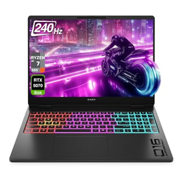 HP Laptop para jogos OMEN 16 MAX, AMD Ryzen AI 7 H 350, 64 GB DDR5 RAM, SSD PCIe de 2 TB, WQXGA de 16 polegadas (2560 x 1600) tela 240Hz, Nvidia G-Force RTX 5070, teclado retroiluminado RGB de 4 zonas