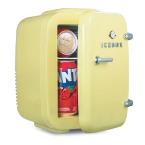 ICEBOX IBMF4SUN Geladeira para quarto, cuidados com a pele, refrigerador portátil e aquecedor de maquilhagem, para escritório e frigorífico doméstico, mini (4 L / 6 latas), amarelo sol