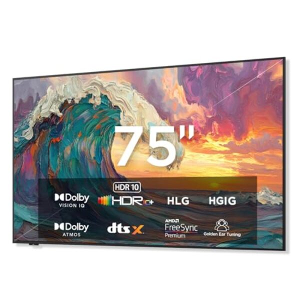 iFFALCON Smart TV Classe QLED 4K de 75 polegadas, TV mural ultrafina, 144Hz, HDR, modo artístico com arte AI, ampla gama de cores, Dolby Vision IQ, Dolby Atmos, Google Assistant Voice Remote (modelo