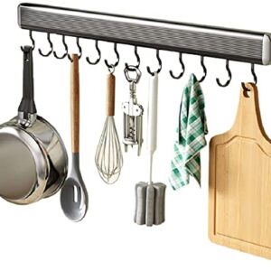 IIPOSAQQ Cabide de pendurar para panela, rack de panela preto para cozinha, parede, trilho de cozinha com ganchos, sem broca, rack de utensílios de cozinha, suporte de parede embaixo do armário, 30 cm