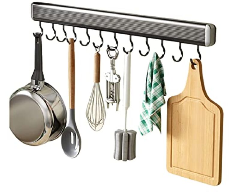 IIPOSAQQ Cabide de pendurar para panela, rack de panela preto para cozinha, parede, trilho de cozinha com ganchos, sem broca, rack de utensílios de cozinha, suporte de parede embaixo do armário, 30 cm